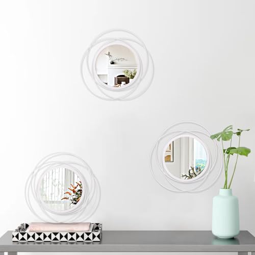 3 Set 12'' White Circle Mirrors Wall Decorative Wire Metal Mirror Art Small Round Mirror Home Decor Hanging Mirror for Room/Bedroom/Bathroom/Entryway - color: Round-white, size: 3 Set 12"L x 12"W
