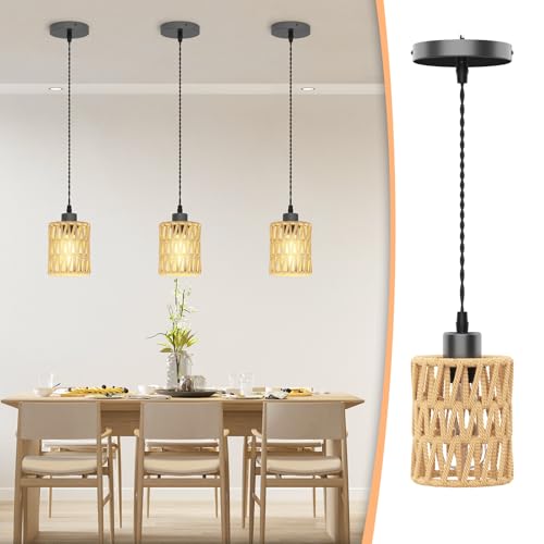 Sytmhoe 3Packs Boho Rustic Hemp Rope Pendant Light Hand-Woven Rattan Cage Basket Coastal Light Fixture Farmhouse Wicker Hanging Lighting for Kitchen Island Dining Room Bedroom