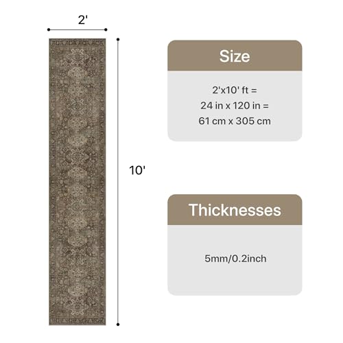 Bavni Washable Runner Rug 2x10, Non Slip Vintage Kitchen Runner Rug, Ultra Thin Low Pile Long Hallway Runner, Machine Washable Carpet Runner for Kitchen Entryway Bedroom Laundry Room, Brown - color: Brown, size: 2' x 10' (Rectangular)