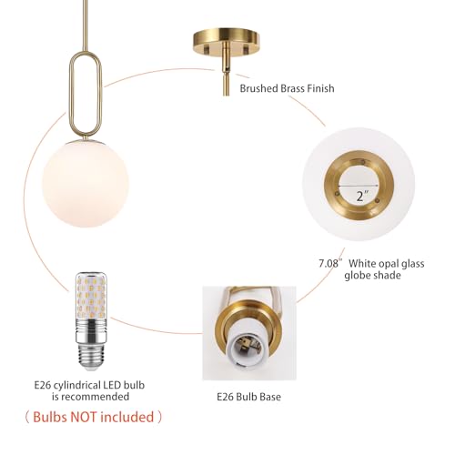 Modern Gold Globe Pendant Light White Globe Glass Shade Brushed Brass Finished Adjustable Rods Hanging Light Fixtures for Kitchen Island Living Room - color: Gold 1 Pack-Adjustable Rods