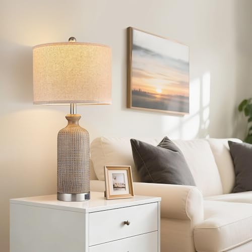 Living Room Lamps Set of 2, 27" Touch Lamps for Nightstand with USB A+C Ports, Modern Farmhouse Table Lamps for Bedroom, Wood Grain, Ceramic - color: Wood Grain