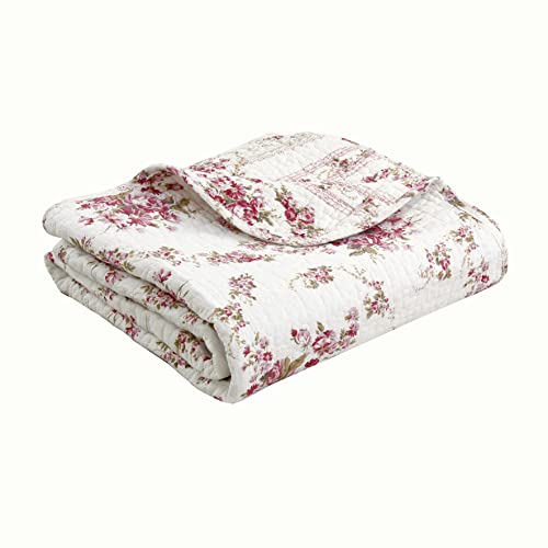 Cozy Line Home Fashions Fuchsia Pink Rose Cream Floral Print Reversible 100% Cotton Quilted Throw Blanket 60" x 50" Machine Washable and Dryable (Roses) - color: Roses