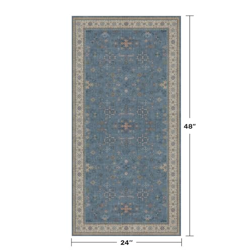 Blue 2x4 Runner Rug for Entryway Indoor, Kitchen Floor Waterproof, Bathroom, Powder Room, Washable Non Slip Low Pile Stain & Fade Resistant, Modern Eclectic Floral Decor - color: Dusty Blue, size: 2' x 4' (Rectangular)