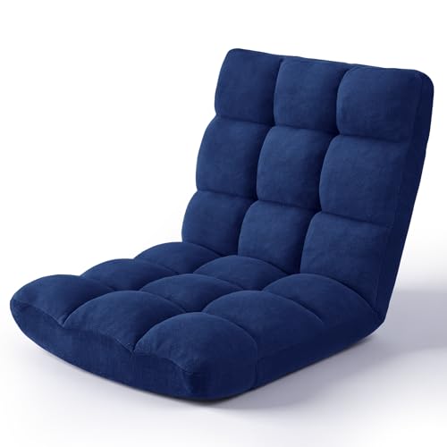 Folding Floor Chair 14-Position Cushioned Adjustable Floor Lazy Sofa Chair w/Breathable Cotton & Skin-Friendly Coral Velve for Adults & Kids Ideal for Reading Meditating，Navy - color: Navy
