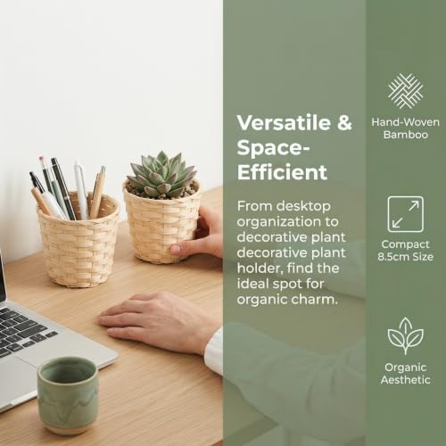 Bamboo Woven Storage Basket Set of 4 Small Decorative Sundries Organizer Baskets for Home Desktop Plant Holder and Room Decor