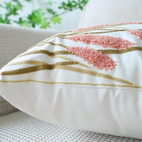 vctops Farmhouse Pampas Grass Cotton Tufted Throw Pillow Cover Boho Embroidery Pillowcase Soft Square Cushion Case for Sofa Couch Bed Chair (Dark Pink,18"x18") - color: Dark Pink