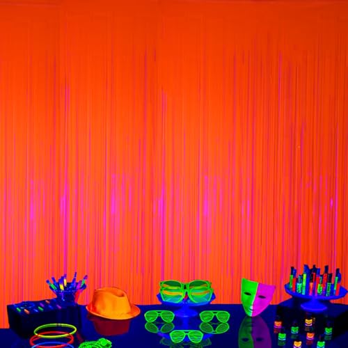DECOCKRAT 2 Pack Foil Fringe Backdrop - Fluorescent Orange Shiny Tinsel Curtains for Party Decoration/Photo Booth Props - 3.3x6.6 FT Metallic Foil Backdrop for Birthday, Wedding, Graduation, Christmas - color: Fluorescent Orange