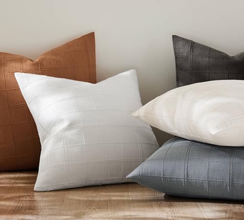 ZeeMart Linen Checked Throw Pillow Covers Set of 2, 22x22 Inch Allover Grid Charcoal, Farmhouse Decorative Double Sided Grid Embroidered Couch Pillow Cases Grey Cotton Linen Cushion Covers - color: Allover Grid Charcoal, size: 22" x 22" (Pack of 2)