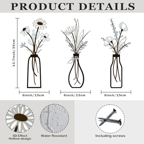 3 Pieces Metal Vase Flowers Wall Arts - Rustic Farmhouse Style Décor Metal Wall Art Black Minimalist Flower Natural Themed Wall Decors for Home Bedroom Dining Room Housewarming (Brown-Blue, Vase-C) - color: Brown-Blue