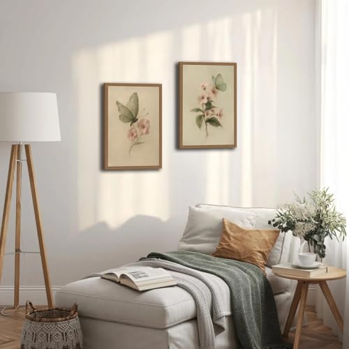 2pcs Vintage Butterfly Floral Framed Canvas Wall Art Antique Botanical Prints With Retro Butterfly And Pink Flower Oil Painting Decor For Living Room Bedroom Office 12x16in - color: Retro butterfly flower, size: 12x16in