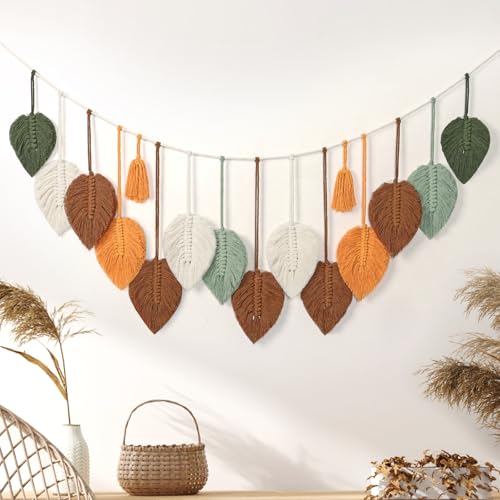 Betylifoy Macrame Wall Hanging Boho Woven Tapestry Chic Home Decor Handmade Yarn Tassels Colorful Leaf Feather Wall Hanging Tapestry Bohemian Wall Art Decorations for Nursery Bedroom Living Room Backdrop - color: Colorful