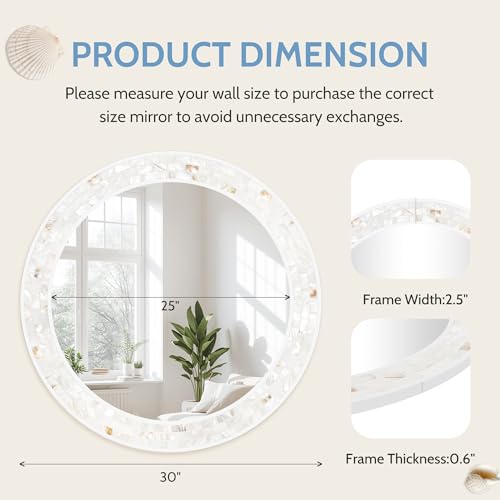 Tanmicoshomy Round Wall Mirror 30 Inch, Natural Shell White Framed Circle Mirrors with Tempered Glass for Coastal Bathroom Bedroom Living Room or Entrayway - color: White, size: 30"L x 30"W