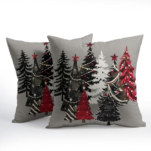 Christmas Tree Red Star Pillow Covers 16x16 Inches Red Green Xmas Tree Grey Throw Pillow Case Set of 2 Christmas Decorative Pillow Cover Cotton Linen Cushion Cover for Home Couch Sofa Livingroom - color: Grey Christmas Tree, size: 16" x 16" (Pack of 2)