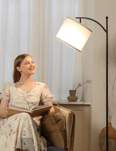 Ambimall Tall Floor Lamps with 3 Color Temperatures Bulb & Adjustable Linen Shade, for Living Room, Bedroom, Office, Classroom, Dorm Room (9W Bulb Included), Beige & Black, 60" - color: Beige & Black