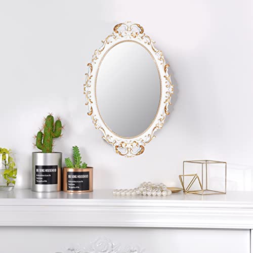 Tstarer Vintage Decorative White Framed Mirror, Small Oval Wall Hanging Mirror - 9.6" W x 14.3" L (White) - color: White