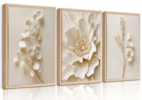 BHSUUHIT 3 Pcs Neutral Beige Botanical Wall art White Florals Wall Decor Cream Neutral Botanical Prints Beige Bloom Flower Textured Paintings Vintage Blossom Pictures 12x16in Unframed Poster - color: poster-Beige, size: 12L" x 16W"