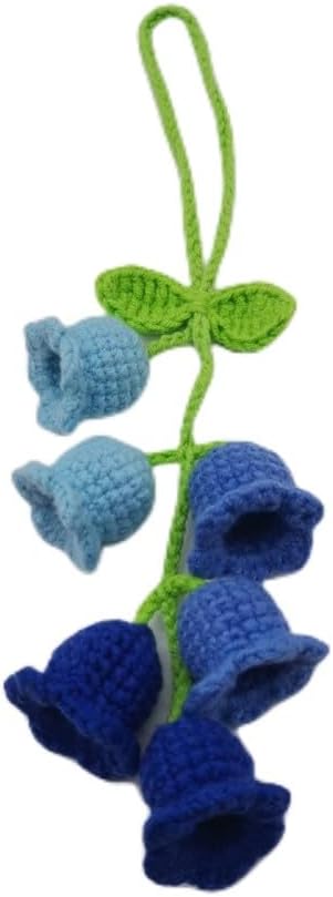 Car Rearview Mirror Hanging Ornament,Crochet Flower Basket Plant Car Accessories,Handmade Knitted Car Ornament Boho Car Accessories for Women (Lily of The Valley(Blue))