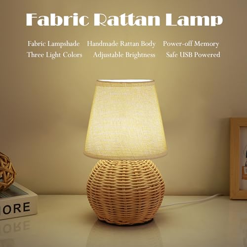 Vintage Small Wicker Lamp, Rattan Body Fabric Lampshade, Adjustable Light Color and Brightness, Power-Off Memory, Safe USB Powered, Boho Style Night Light for Bedroom Living Room (FlaxYellow) - color: FlaxYellow