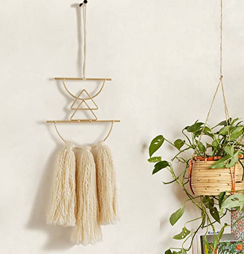 IOWER Boho Wall Decor Macrame Wall Hanging Small Metal Wall Art Cute Wall Decor For Living Room Bedroom(Ivory, 13"Lx4.7"w) - color: Beige