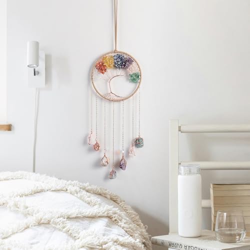 7 Chakra Wind Chimes Raw Stone Tree of Life Dream Catchers Hanging Ornament Natural Crystal Wind Chime for Home Garden Decoration(Gold) - color: Gold