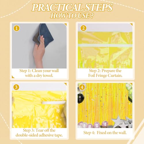 DECOCKRAT 3 Pack Foil Fringe Backdrop - Pastel Yellow Shiny Tinsel Curtains for Party Decoration/Photo Booth Props - 3.3x8.2 FT Metallic Foil Backdrop for Birthday, Wedding, Graduation, Christmas. - color: Pastel Yellow