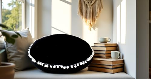 Round Mandala Floor Pillow Cover Seating Cushion Throw Cover Hippie Decorative Bohemian Ottoman Pouf Cover, Pom Pom Pillow Cases,Boho Indian (Black, 32" Round) - color: Black, size: 32"D x 4"W x 32"H