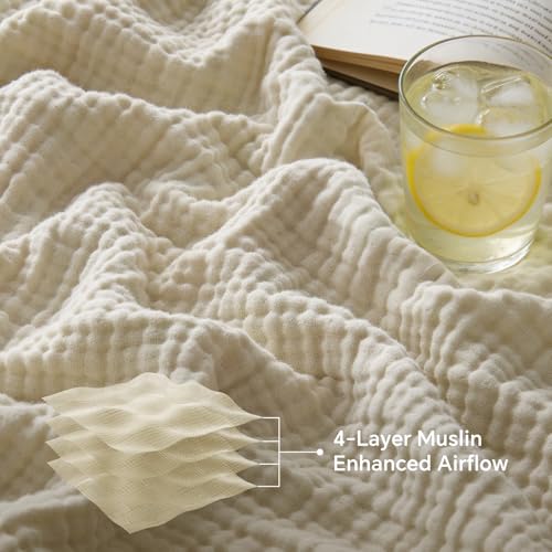 BEDELITE 100% Cotton Muslin Blankets for Adults - 4-Layer Queen Size Breathable and Lightweight Gauze Blanket for Couch, Bed, Travel and Summer, Soft & Cozy Gift for Women, Beige, 90"x90" - color: Beige, size: Queen(90"x90")