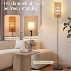 Ruiever Floor Lamp for Living Room,Farmhouse Floor lamp,Modern Standing lamp with Hand-Worked Rattan Shade (Double Shade-with Remote) - style: Double Shade-with Remote