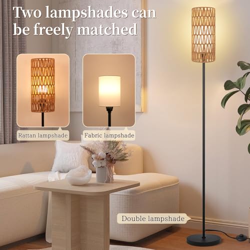 Ruiever Floor Lamp for Living Room,Farmhouse Floor lamp,Modern Standing lamp with Hand-Worked Rattan Shade (Double Shade-with Remote) - style: Double Shade-with Remote