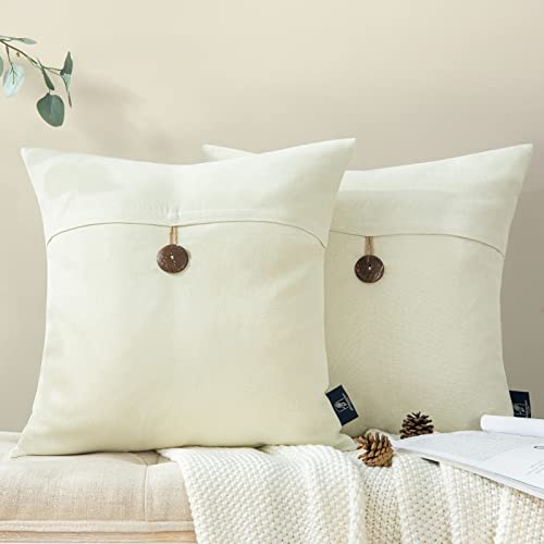 Phantoscope Pack of 2 Farmhouse Throw Pillow Covers Premium Coconut Button Vintage Linen Solid Decorative Pillow Cover for Couch Bed and Chair Off White 18 x 18 inches 45 x 45 cm - color: Cream White, size: 18" x 18" (Pack of 2)