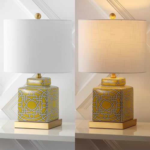 JONATHAN Y 22" Yellow/White Modern Ceramic Ginger Jar Table Lamp for Nightstand, Square Lattice Transitional Chinoiserie Lamp for Living Room, White Linen Shade, LED Bulb (JYL3044C) - color: Yellow/White