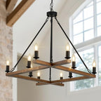 Rustic Oak Wooden Square Chandelier 10-Light L53'' Farmhouse Unique Rectangular Candle Chandelier Long Ceiling Pendant Lighting for High Ceiling Living Dining Room Foyer Kitchen Island, E12 - color: Golden Oak, size: 53 inches