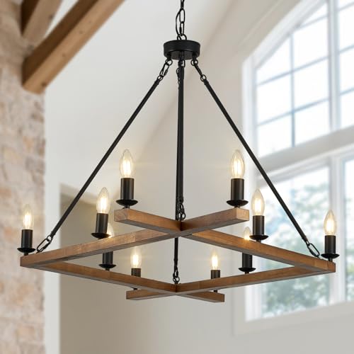 Rustic Oak Wooden Square Chandelier 10-Light L53'' Farmhouse Unique Rectangular Candle Chandelier Long Ceiling Pendant Lighting for High Ceiling Living Dining Room Foyer Kitchen Island, E12 - color: Golden Oak, size: 53 inches