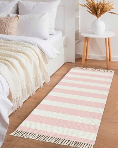 Pink Stripes Kitchen Runner Rug 2'x4', Washable Woven Cotton Area Rug with Tassels Bathroom Hallway Rug, Farmhouse White Simple Vertical Striped Entryway Bedroom Rug Non Slip Throw Rug Carpet - color: Pink, size: 2 x 4 ft