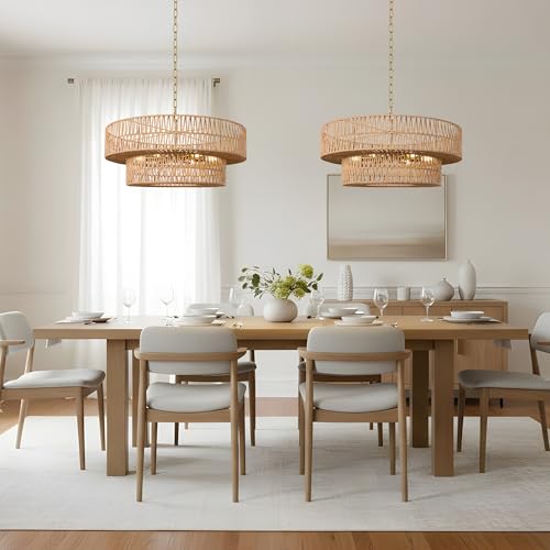 26 Inch Boho Rattan Chandelier, 6-Lights Hand Woven Bohemian Chandeliers with 2-Tier Drum Wicker Shade, Modern Farmhouse Large Pendant Light Fixture for Dining Room Living Entryway Bedroom - color: Gold Metal, size: 26 Inch