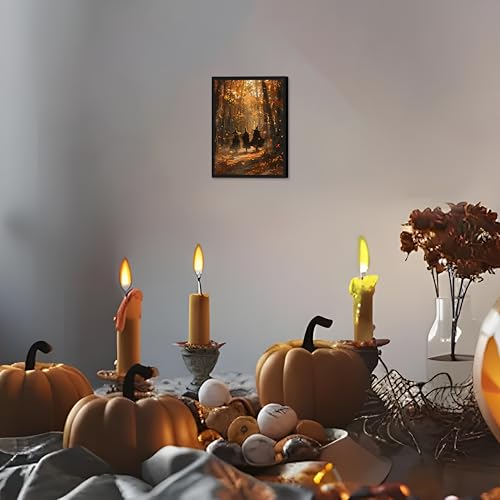 Framed Halloween Witch Wall Art - Autumn Forest Witch Canvas Print, Vintage Gothic Dark Academia Halloween Wall Decor, Spooky Fall Artwork for Bedroom Living Room Home 8x10in Wood Frame - color: Witch, size: 10"L x 8"W