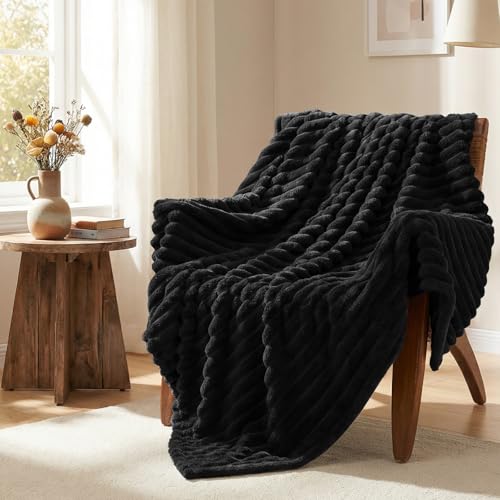HIMEET Fleece Black Throw Blanket for Bed - 300GSM Ribbed Soft Cozy Dog Blanket for Couch, Graduation Birthday for Men Dad Women, College Dorm Essentials Room Throws, 50x60 Inches - color: Black, size: Throw (50" x 60")