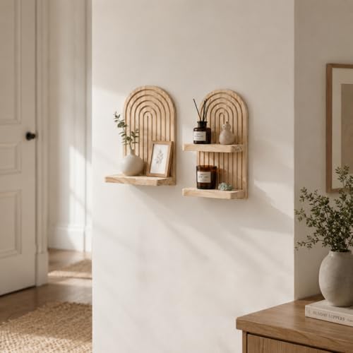 Artilady Boho Shelf Wall Decor Set of 2, Natural Wood Wall Mounted Shelves, Hanging Plant Shelf for Small Space Entryway Bedroom Living Room (Beige Set 2) - color: Beige Set 2