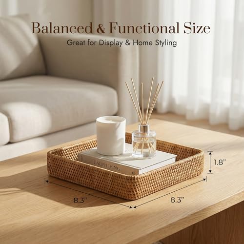 8.3" x 8.3" Wicker Tray, Woven Decorative Tray, Square Rattan Tray Bathroom Vanity Tray Catchall Organizer for Perfume Skincare Jewelry Coffee Bar Kitchen Counter Nightstand Living Room (Square S) - color: Natural Square S (8.3" × 8.3" )