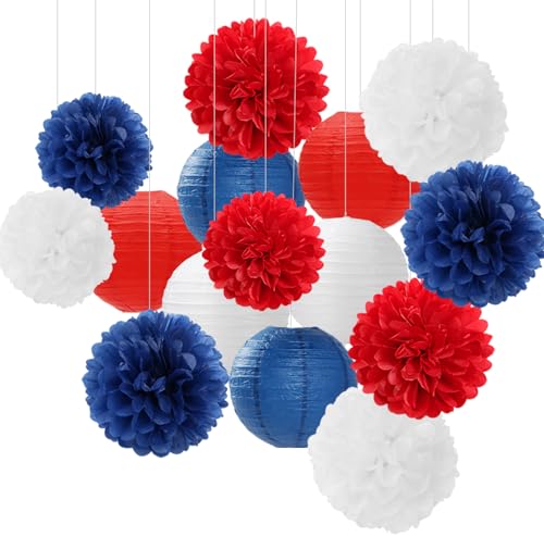 Fourth-4th Of July Imemorial-Day Party-Decorations - 15pcs Red White Blue Paper-Flowers Lanterns,Patriotic Graduation Tissue Pom Poms Streamers,Independence Veterans Hanging Supplies Decor Hugfond - color: Red Blue