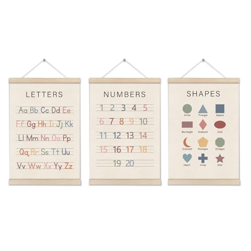Set of 3 Alphabet Numbers Poster Hanger Frame, Preschool Learning Posters, Educational Canvas Wall Art, Montessori Nursery Wall, Toddler Room Decor for Boys Girls 16x12 Inch, Boho Classroom Decor - color: Off-White02