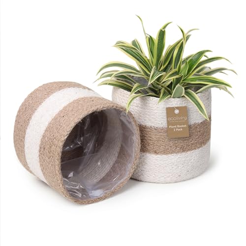 Jute Planter Basket -Sustainable Woven Rope Covers for Decorating Indoor/Outdoor Plants Pots 6.5x6.5x6 Inches Ideal Size for 6" Planter-Multi-Purpose Storage Set of 2 White & Natural Jute - color: White/Natural Jute -Pack of 2, size: 6.5 Inch