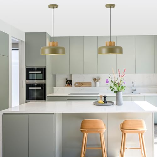 Mid-Century Modern Pendant Light,12.6" Natural Wood & Olive Green Metal Shade,Adjustable Kitchen Island Dining Room Lighting Fixture - color: Olive Green, size: 12.6 inches