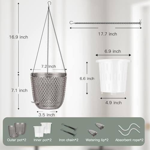 QCQHDU Hanging Planters for Indoor Plants, 2-Pack, 7.2 Inch, Gray | Plastic, Self Watering Plant Hanger, with Drainage Holes, 3 Hooks Chains, For Garden Home - color: Gray, size: 7.2in