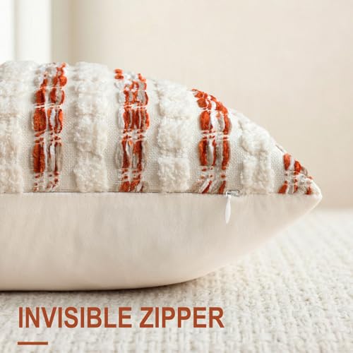 decorUhome Boho Throw Pillow Cover 18x18 inch, Soft Textured Decorative Pillow Cover with Tufted Striped Design for Couch, Sofa, Living Room, Orange