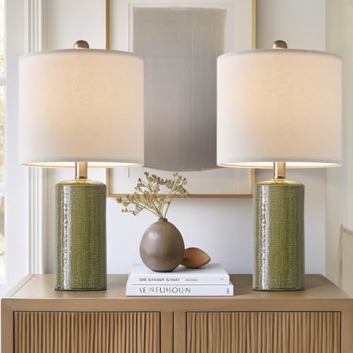 G-SAFAVA 20.25" Small Table Lamps Set of 2 Modern Ceramic Lamps for Living Room Farmhouse Bedside Lamps Boho Lamps for Night Stands Green Bedroom Lamps Side Table Lamps End Table Lamps - color: Green