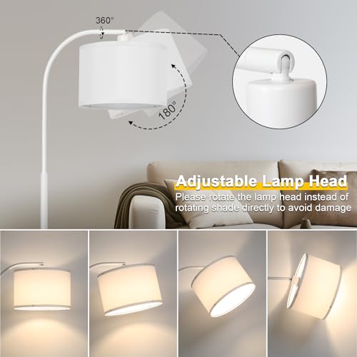 Floor lamps for Living Room, White Arc Floor Lamp with Stepless Dimmer, Modern Standing Lamp with Adjustable Drum Shade, Tall Pole Lamp for Bedroom Study Room Office, 9W 3000K LED Bulb Included - color: White