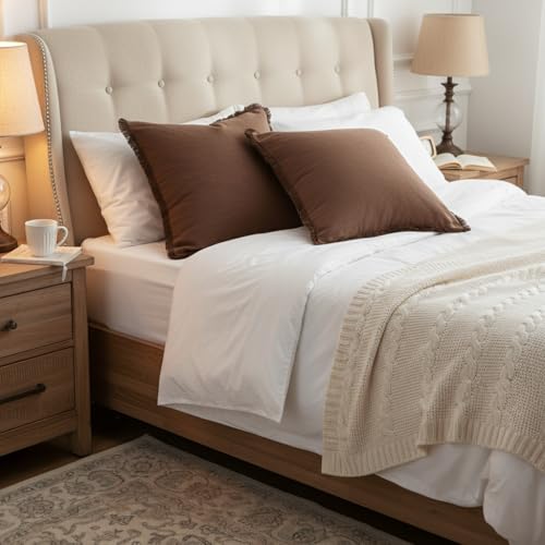 Sunday Praise Set of 2 Linen Fringe Decorative Pillow Covers 18x18 Inch Farmhouse Accent Boho Throw Pillow Cases with Tassels Cozy Soft Square Cushion Covers for Couch Sofa Bed Home Decor,Cocoa Brown - color: Cocoa Brown, size: 18" x 18" (Pack of 2)
