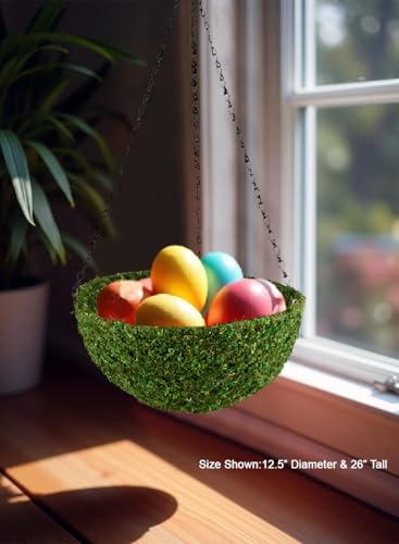 Serene Spaces Living Preserved Green Moss Hanging Basket, Decorative Planter with Metal Chain for Floral Arrangements, Garden Weddings, and Event Décor, 12.5" Diameter & 5" Tall