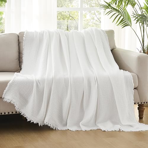 WDCOZY Muslin Throw Blanket 100% Cotton Blankets 4-Layer Breathable Lightweight Soft for Couch Boho Farmhouse Linen Tassels Ruffle Gauze Blankets All Season for Adults 50x60 Inches White - color: White, size: Throw (50"x60")